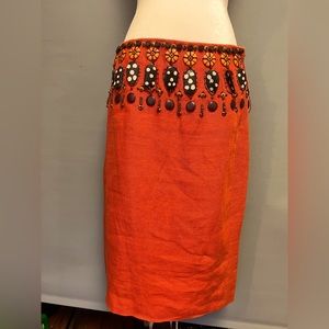 Exquisite Oscar De La Renta Orange Silk African Beaded Knee length skirt.